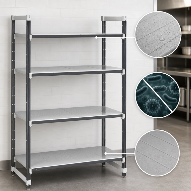 Product image #3 for Cambro Camshelving Elements XTRA 4-Tier Stationary Solid Polymer Shelving Starter Unit, 72"W x 18"D x 64"H, Speckled Gray