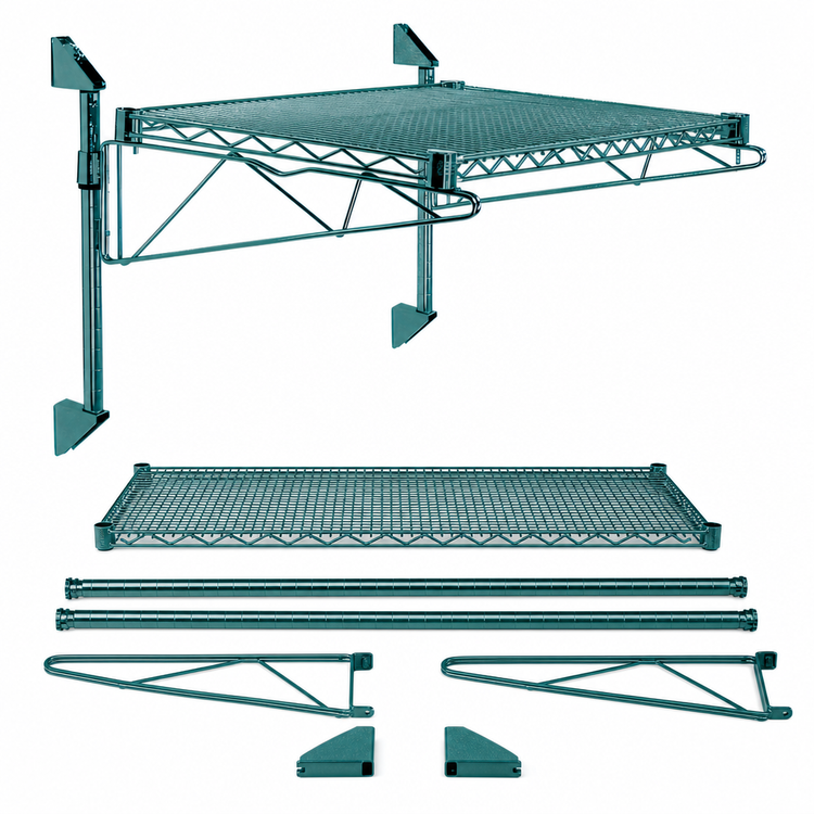 Product image #3 for Quantum Cantilever Single Shelf Wall-Mount Wire Shelving Unit, 54W x 24D, Green Epoxy Antimicrobial Finish