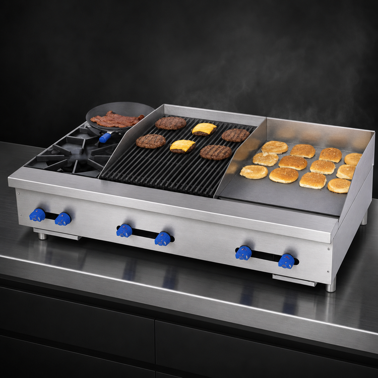Product image #3 for Comstock-Castle 48-Inch Countertop Gas Char-Broiler/Griddle Combination, 30 x 21 Broiler, 18 x 21 Griddle, Lava Rock, 116,000 BTU