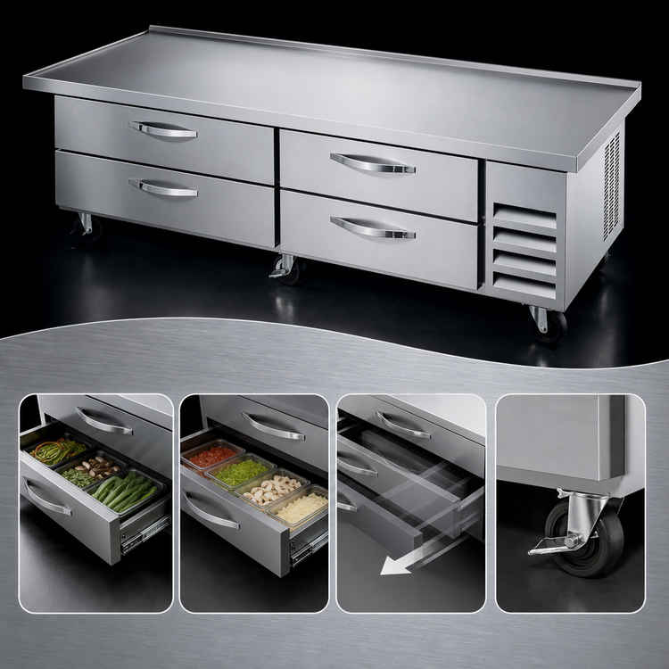 Product image #3 for Beverage-Air 96-Inch Four-Drawer Worktop Cook Stand Freezer with Extended Top