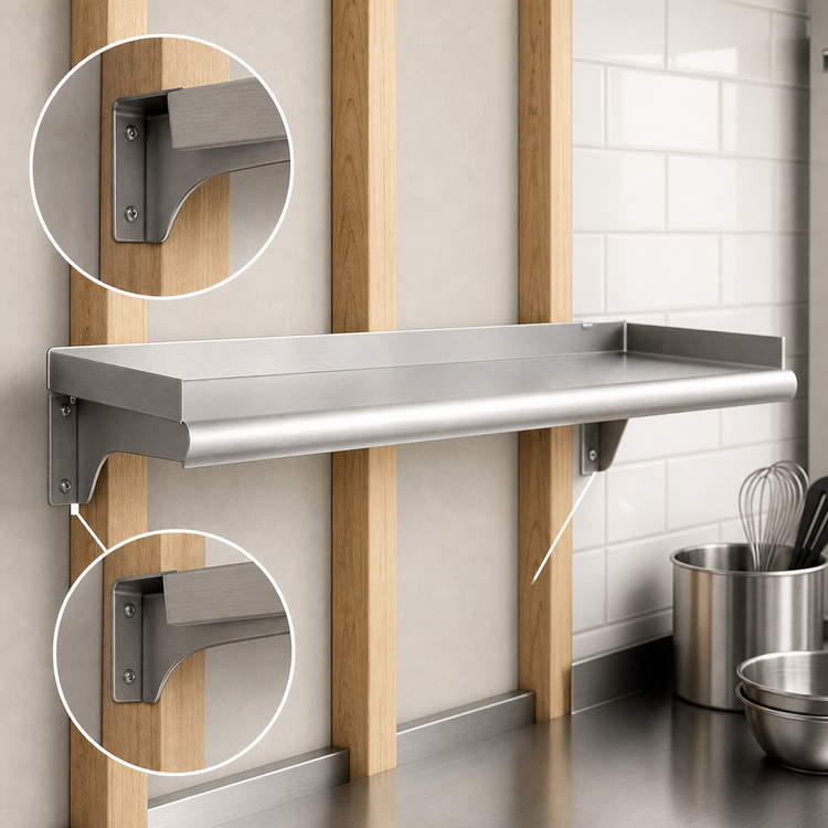 Product image #3 for Eagle Group Snap-n-Slide 60-Inch x 15-Inch Wall-Mounted Shelf, 14 Gauge 304 Stainless Steel, Rolled Front Edge