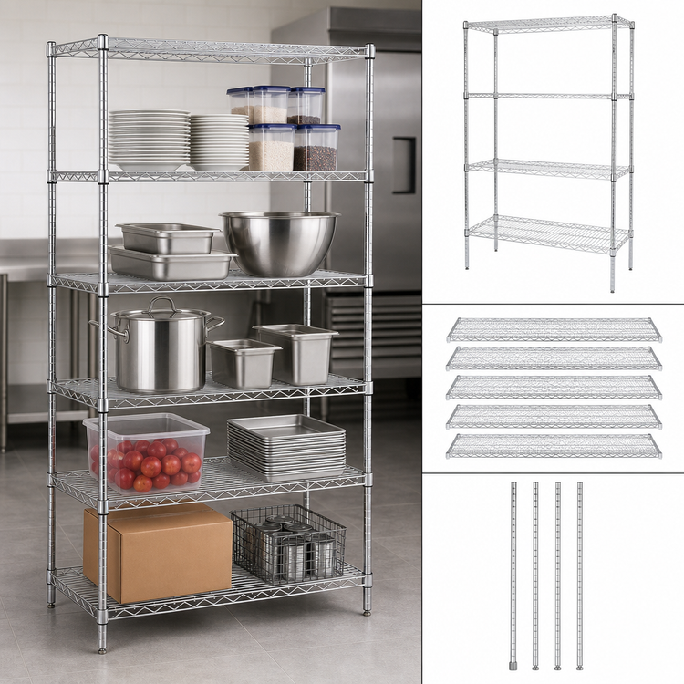 Product image #3 for Quantum 48"W x 12"D x 74"H Wire Shelving Starter Kit, 5 Shelves, Chrome Plated, Stationary