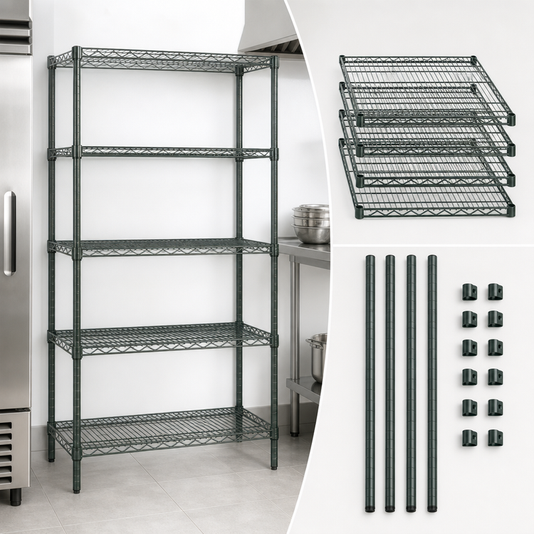 Product image #3 for Quantum 48"W x 24"D x 86"H Wire Shelving Starter Kit with 5 Shelves, Green Epoxy Finish