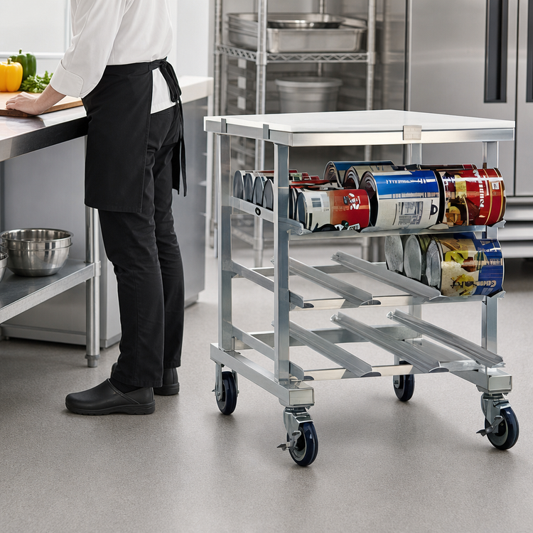 Product image #3 for New Age Mobile Counter-Height Can Storage Rack with Poly Top, 54 #10 or 72 #5 Can Capacity