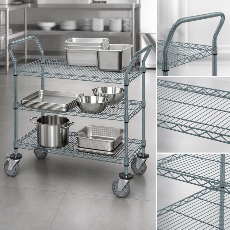 Product image #3 for Quantum 3-Shelf Gray Epoxy Antimicrobial Utility Cart, 30 x 24 x 37-1/2 Inches