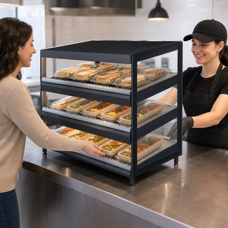 Product image #3 for Hatco Glo-Ray 24-Inch Countertop Pass-Thru Merchandising Warmer with 3-Tier Slanted Shelves