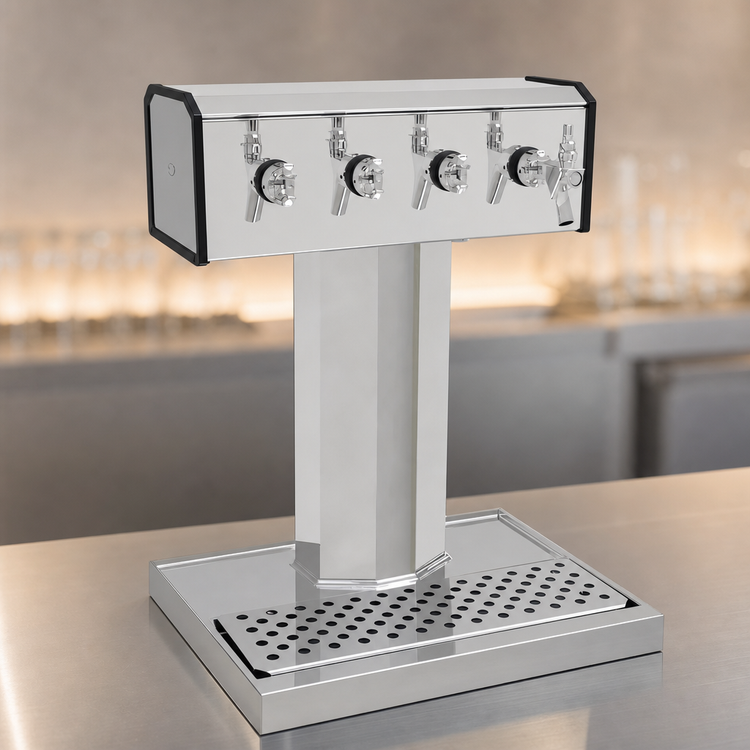 Product image #3 for Glastender Countertop Tee Draft Dispensing Tower, 4-Faucet, Air-Cooled, Polished Chrome Finish