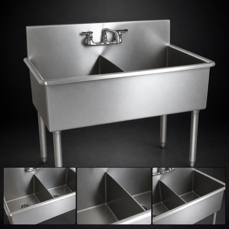 Product image #3 for BK Resources Budget 2-Compartment Stainless Steel Sink with 8-Inch Backsplash and Legs