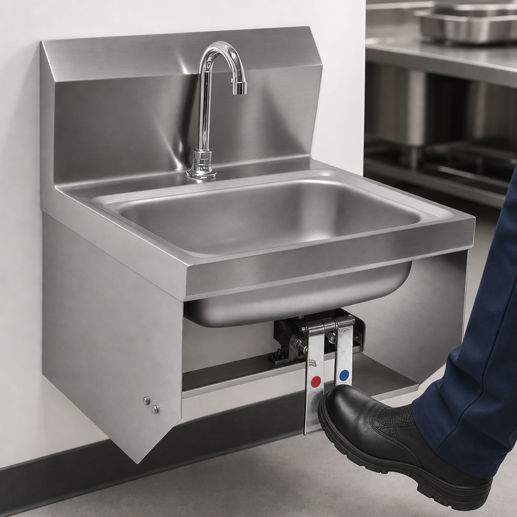 Product image #3 for BK Resources Wall-Mounted Hand Sink Package with Knee Valve, 5" Gooseneck Spout, 14" x 10" x 5" Bowl, 304 Stainless Steel