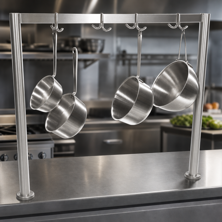 Product image #3 for John Boos PRS2 Table-Mounted Single-Bar Stainless Steel Pot Rack with 5 Double Hooks