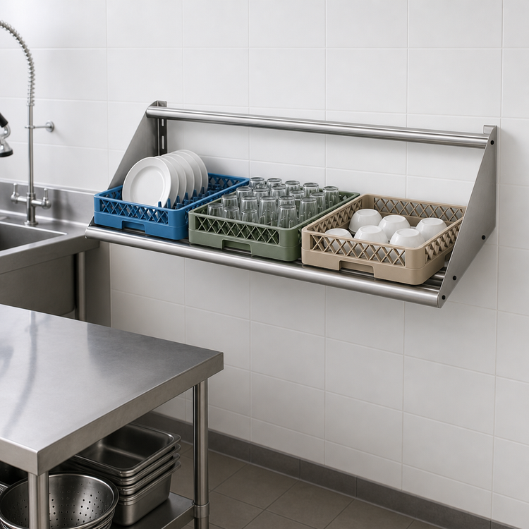 Product image #3 for Advance Tabco 62-Inch Wall-Mounted Tubular Sorting Shelf for 3 Full-Size Dish Racks