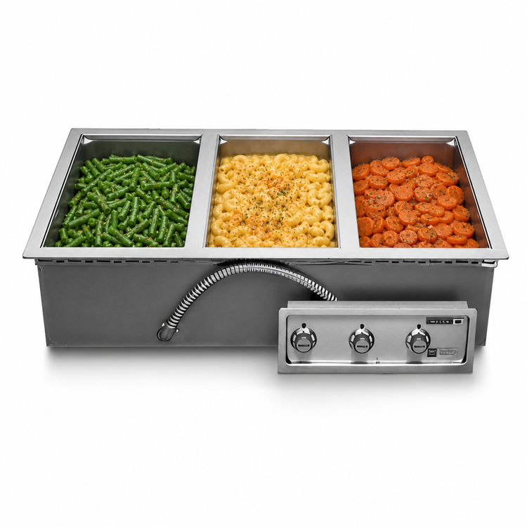 Product image #3 for Wells MOD-300DM Three-Well Top-Mount Built-In Electric Drop-In Food Warmer with Drains and Manifold