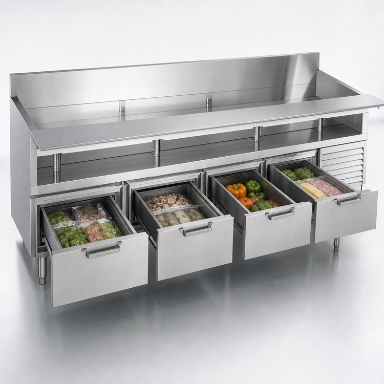 Product image #3 for La Rosa Refrigeration 114-Inch Four-Section Refrigerated Equipment Stand with 4 Drawers, Self-Contained Side-Mounted Refrigeration