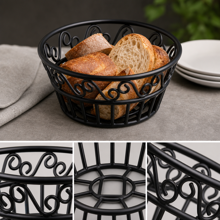 Product image #3 for Decorative Black Wrought Iron Round Bread Basket, 8 Inch Diameter x 3 Inch High