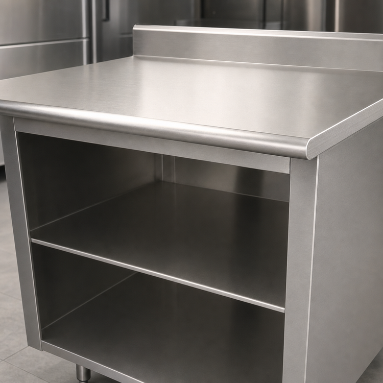 Product image #3 for Advance Tabco 108-Inch x 24-Inch 14-Gauge 304 Stainless Steel Work Table with Open Front Cabinet Base and 5-Inch Backsplash