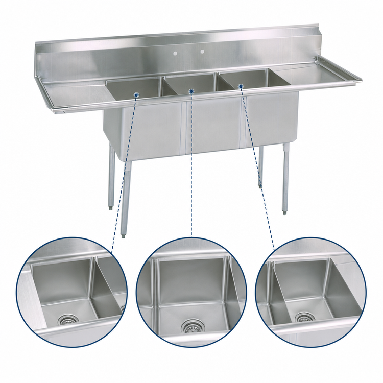 Product image #3 for BK Resources 75-Inch Three-Compartment Sink with Left and Right Drainboards, 15 x 15 x 14 Inch Bowls, 9-Inch Backsplash, 18 Gauge 304 Stainless Steel