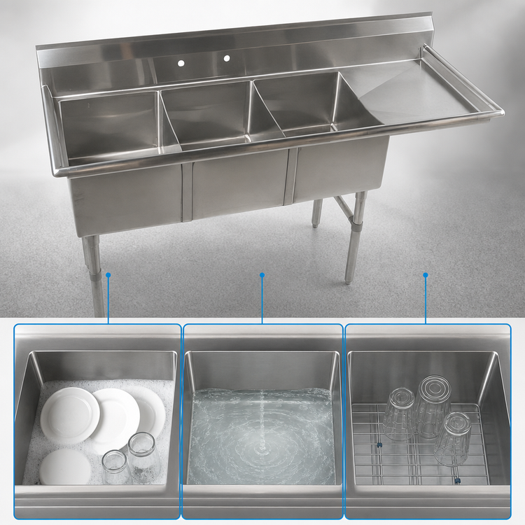 Product image #3 for 78-Inch Wide 3-Compartment Stainless Steel Sink With Right Drainboard