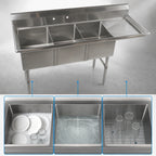 Thumbnail image #3 for Klinger's Trading ECS31824DR24 78-Inch Wide 3-Compartment Stainless Steel Sink With Right Drainboard, 9-Inch Backsplash