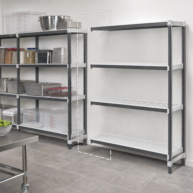 Product image #3 for Cambro Camshelving Elements XTRA 4-Tier Stationary Add-On Polymer Shelving Unit, 18 x 48 x 84 Inches, Vented and Solid, Speckled Gray