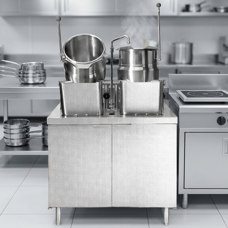 Product image #2 for Crown DMT-6-6 Direct Steam Kettle with (2) 6 Gallon Tilting Kettles on 36-Inch Cabinet Base