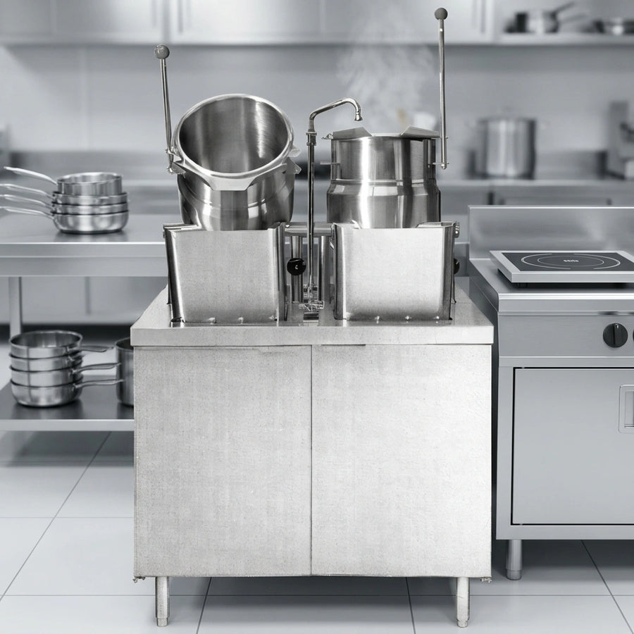 This image highlights the dual 6-gallon tilting kettles, enabling versatile and efficient preparation of multiple dishes in a commercial kitchen.