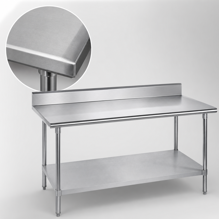 Product image #3 for Advance Tabco 84-Inch W x 36-Inch D Work Table with 304 Stainless Steel Top, 5-Inch Backsplash, and Galvanized Undershelf