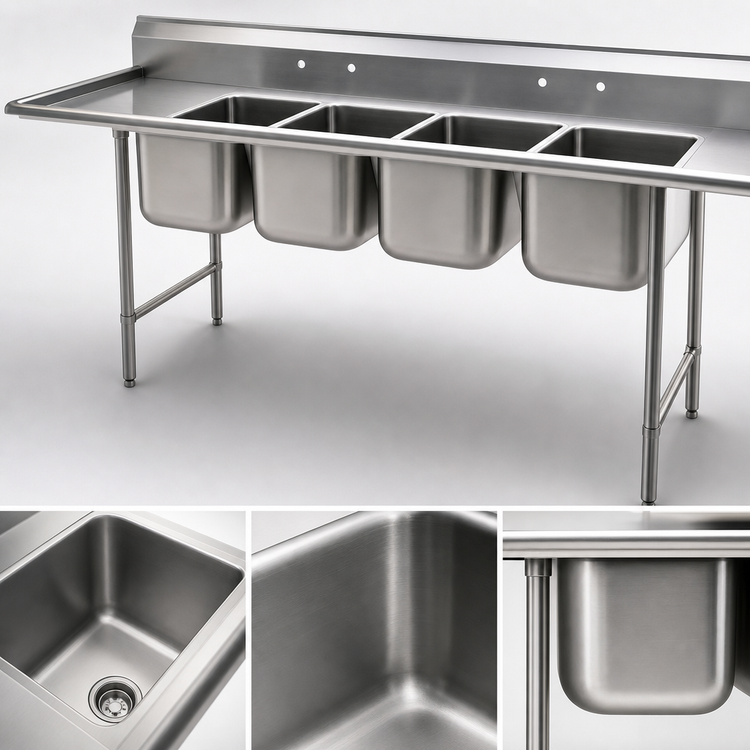 Product image #3 for Eagle Group 414 Series Coved Corner Four-Compartment Sink with Double 18-Inch Drainboards