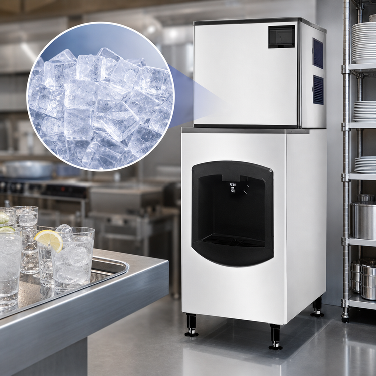 Product image #3 for Omcan Cube-Style Floor Model Ice Maker/Dispenser with 220 lb Built-In Bin and Self-Contained Condenser