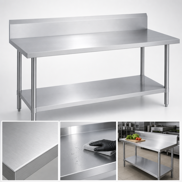 Product image #3 for Duke 60-Inch x 30-Inch 14-Gauge 300 Series Stainless Steel Work Table with 10-Inch Riser and Galvanized Undershelf
