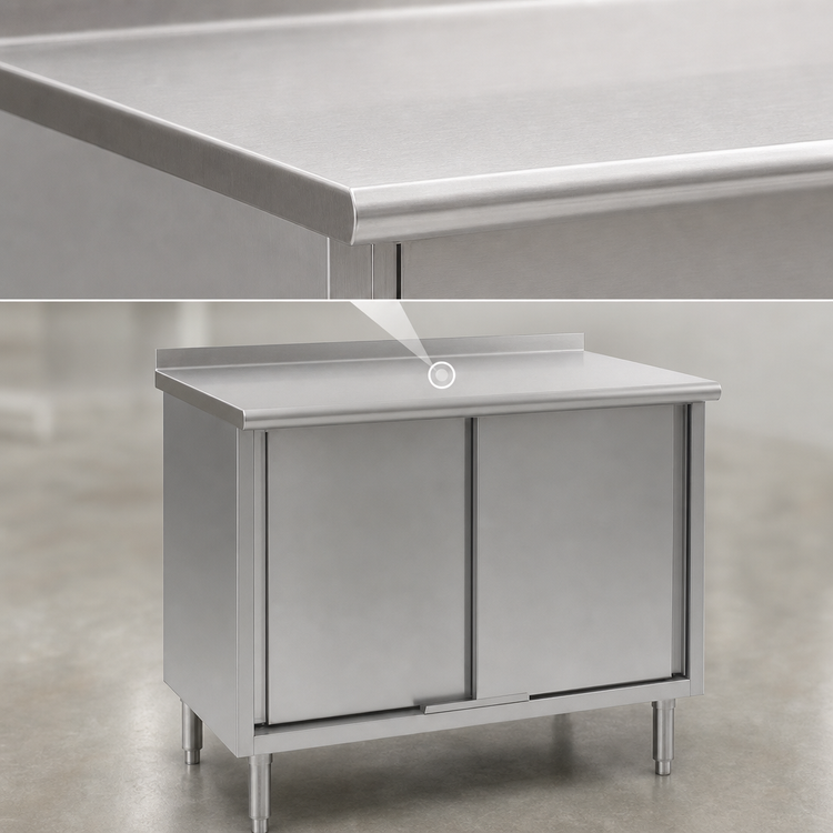 Product image #3 for Spec-Master 96 x 30 Inch Stainless Steel Enclosed Work Table with Sliding Doors and 1-1/2 Inch Rear Up-Turn