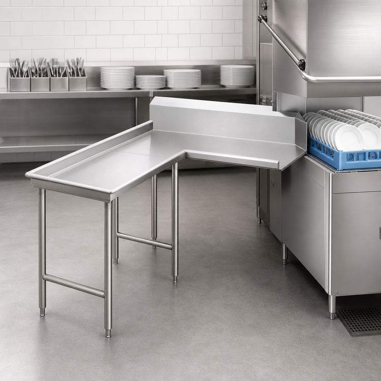 Product image #3 for Advance Tabco Island L-Shaped Clean Dishtable, Left-Side Operator Attachment, 59 Inch, 304 Stainless Steel, 16 Gauge