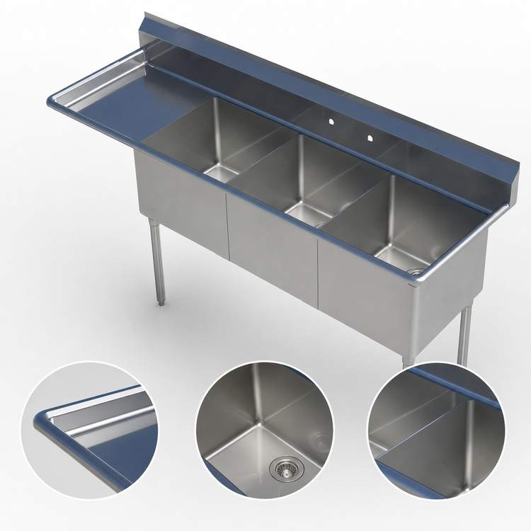 Product image #3 for 3-Compartment Stainless Steel Sink with Left Drainboard