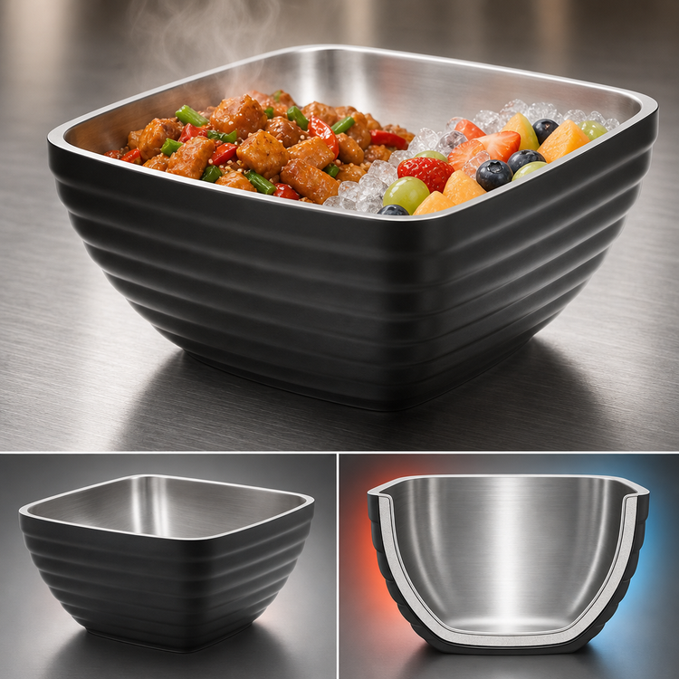 Product image #4 for Vollrath Square Double Wall Insulated Serving Bowl, 1.8 Qt, Classic Black Exterior, Satin Stainless Steel Interior