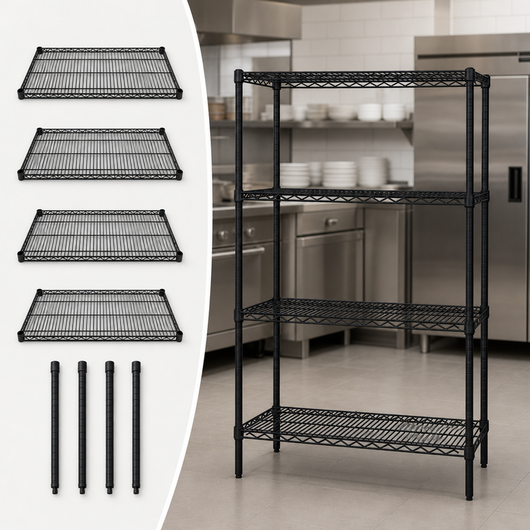 Product image #3 for Quantum Black Epoxy Antimicrobial Wire Shelving Starter Kit with 4 Shelves and 4 Posts, 48 x 24 x 74 Inches