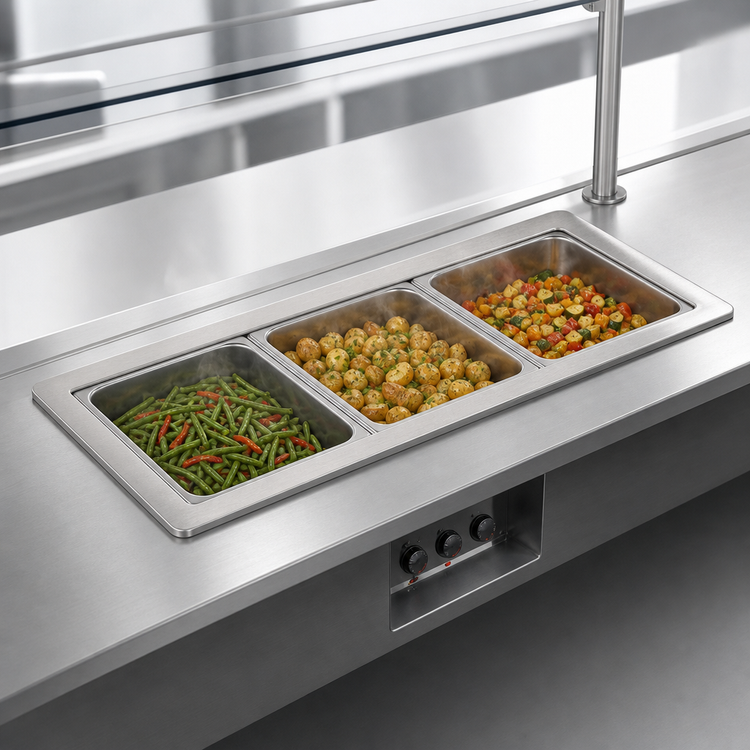 Product image #3 for Vollrath 3-Pan Short-Side Drop-In Hot Well with Manifold Drain and Thermostatic Controls
