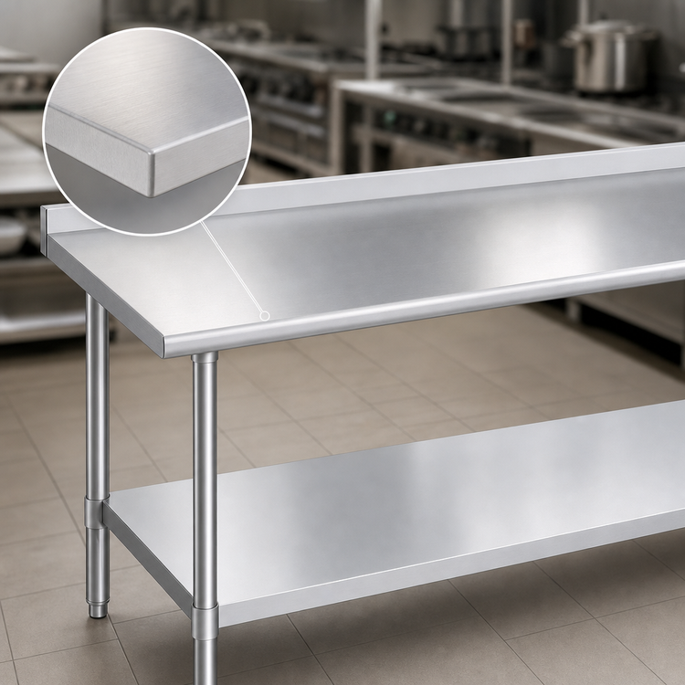 Product image #3 for Duke 48 Inch x 30 Inch 14 Gauge 300 Series Stainless Steel Work Table with 1-1/8 Inch Riser and Galvanized Undershelf