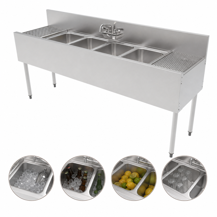 Product image #4 for Top Shelf TS Series 72-Inch Four-Compartment Stainless Steel Underbar Multi-Tank Sink Unit with Left and Right Drainboards