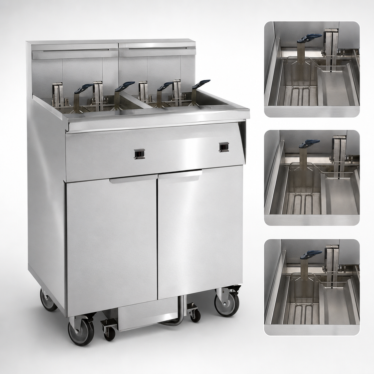 Product image #3 for Imperial 3-Tank Electric Floor Fryer with Built-In Space Saver Filter System, 50 lb. Tanks