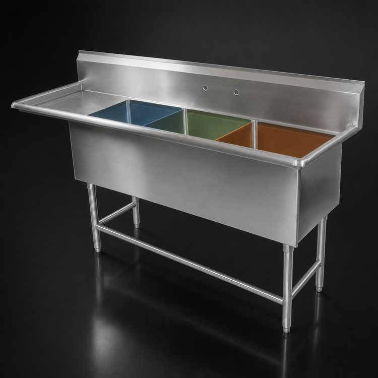 Product image #3 for John Boos Pro-Bowl 3-Compartment Floor Model Sink with Left Drainboard, 12" Deep Bowls, 130-3/16"W x 29-1/2"D, 16-Gauge Stainless Steel