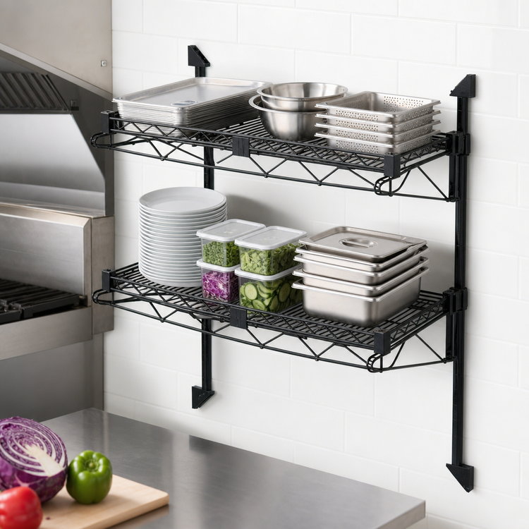 Product image #3 for Quantum 2-Shelf Cantilever Wall-Mount Wire Shelving Unit, 54 x 14 Inches, Black Epoxy Antimicrobial Finish