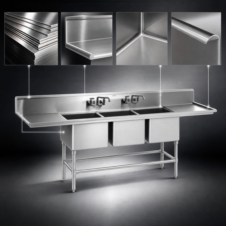 Product image #3 for Eagle Group Spec-Master FN Series 85.5" Three-Compartment Stainless Steel Sink with 18" Left Drainboard