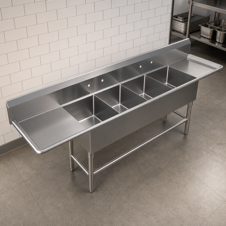 Product image #3 for John Boos Pro-Bowl Freestanding 4-Compartment Stainless Steel Sink with Left and Right Drainboards, 18" x 24" x 12" Bowls