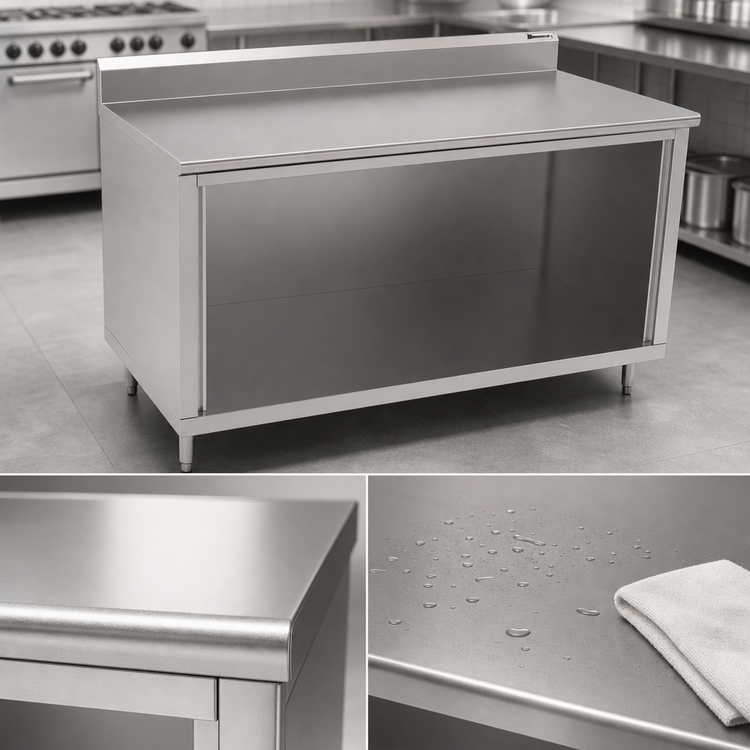 Product image #3 for John Boos 84 Inch x 36 Inch Stainless Steel Work Table with Cabinet Base, Open Front, 5 Inch Backsplash, and Stallion Safety Edge