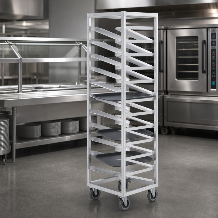 Product image #3 for Channel T446A Single-Section Trapezoidal Aluminum Cafeteria Tray Rack for 15 x 20 Trays, 70 Inch Height, 30-Tray Capacity
