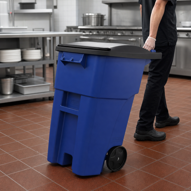 Product image #3 for BRUTE 50-Gallon Roll-Out Trash Container with Hinged Lid, Blue
