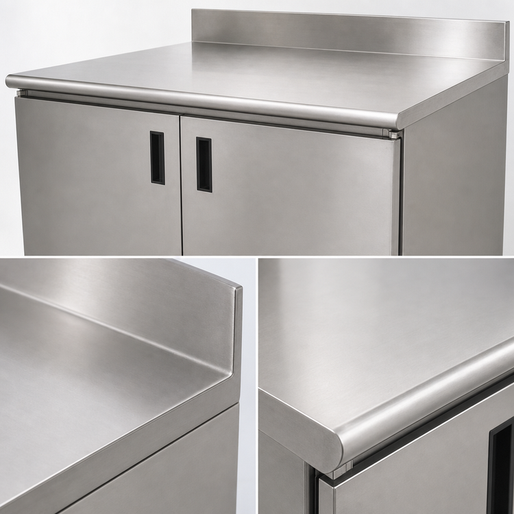 Product image #3 for Advance Tabco Enclosed Work Table with Cabinet Base and Hinged Doors, 72 x 24 Inch, 14 Gauge 304 Stainless Steel Top, 5 Inch Backsplash