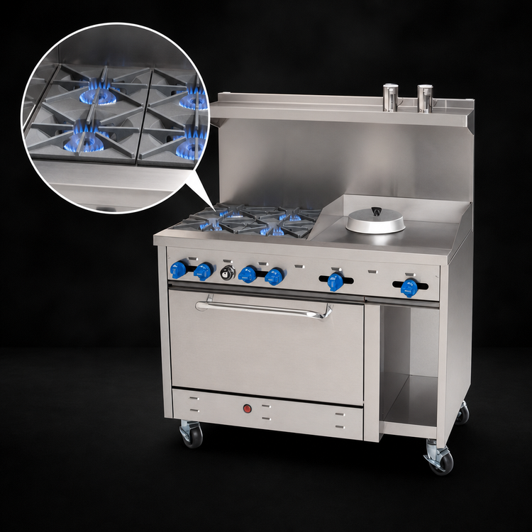Product image #3 for Comstock-Castle F3430-12 48-Inch Commercial Gas Range with 6 Star Burners, 12-Inch Griddle, Oven, and Cabinet Base Storage
