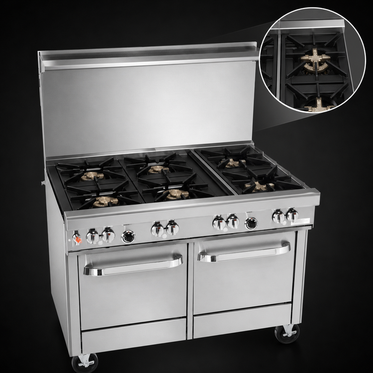 Product image #3 for Ultimate 48-Inch Gas Restaurant Range with 4 Pyromax Burners, 2 Star/Sauté Burners, Standard Oven and Cabinet Base