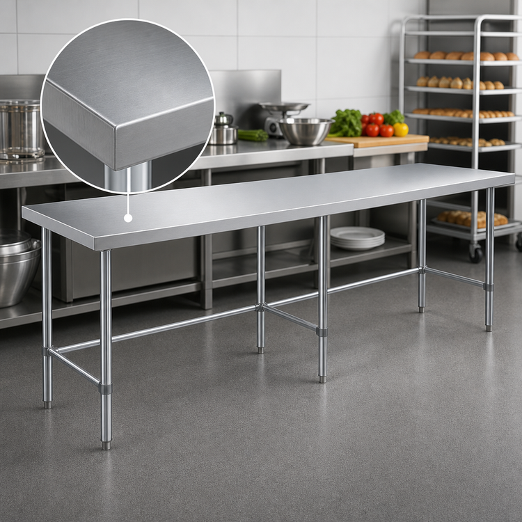 Product image #3 for Sapphire 120-Inch x 30-Inch 18-Gauge 430 Stainless Steel Flat Top Work Table with Open Galvanized Base