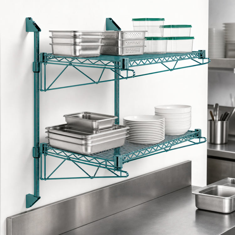 Product image #3 for Quantum Cantilever Double Shelf Post Wall-Mount Wire Shelving Unit, 24 x 21 Inches, Green Epoxy